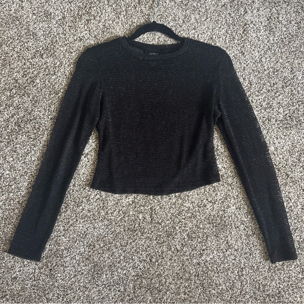 Just Polly New York Black Sheer Mesh Knit Crop Top Metallic Long Sleeve